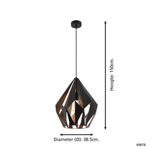 Lumină suspendată geometrică cu o înălțime de 150 cm și un diametru de 38,5 cm.