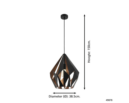 Lumină suspendată geometrică cu o înălțime de 150 cm și un diametru de 38,5 cm.