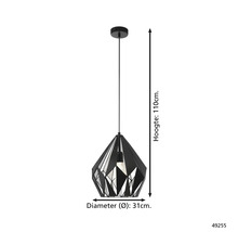 Lampa suspendată neagră cu design geometric, 110 cm înălțime și 31 cm diametru.