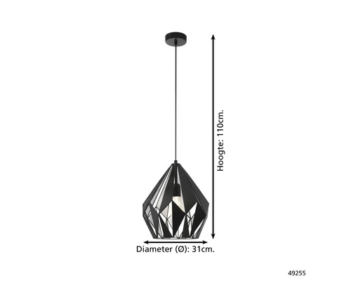 Lampa suspendată neagră cu design geometric, 110 cm înălțime și 31 cm diametru.