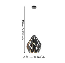 Lumină suspendată neagră cu design geometric și dimensiunile de 110 cm înălțime și 31 cm diametru.