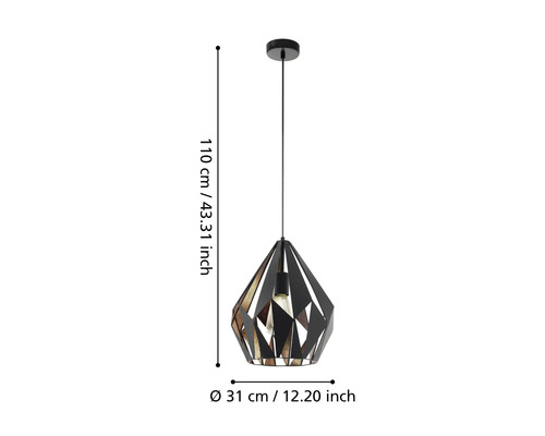 Lumină suspendată neagră cu design geometric și dimensiunile de 110 cm înălțime și 31 cm diametru.
