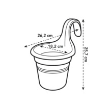 Imagine cu un ghiveci suspendat cu dimensiuni: 26,2 cm lățime, 25,7 cm înălțime, 18,2 cm diametru interior