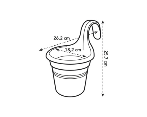 Imagine cu un ghiveci suspendat cu dimensiuni: 26,2 cm lățime, 25,7 cm înălțime, 18,2 cm diametru interior