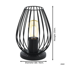 Lampă de masă neagră cu cadru de sârmă și dimensiunile: înălțime 23 cm, diametru 16 cm.