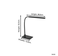 Lampă de birou cu braț flexibil și dimensiunile înălțime 32,5 cm, lungime 48,0 cm și lățime 12,0 cm.