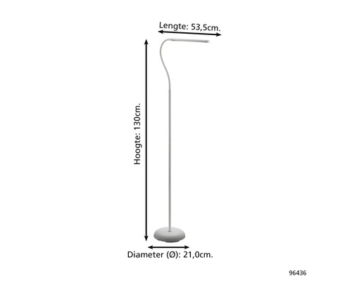 Lampă de podea cu o înălțime de 130 cm, o lungime de 53,5 cm și un diametru de 21 cm
