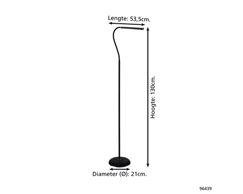 Imagine a unei lămpi de podea cu dimensiunile lungime 53,5 cm, înălțime 130 cm și diametru 21 cm.