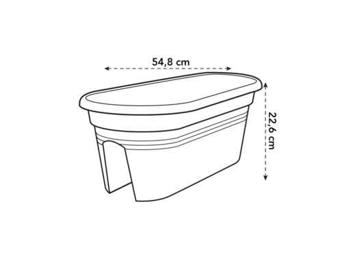 Imaginea unui jardiniere de balcon cu dimensiunile de 54,8 cm lățime și 22,6 cm înălțime.