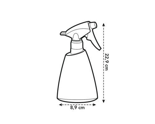 Pulverizator cu dimensiunile de 22,9 cm înălțime și 8,9 cm lățime ca desen schematic.