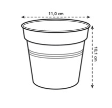 Imagine a unui ghiveci de flori cu dimensiunile de 11,0 cm diametru și 10,1 cm înălțime.