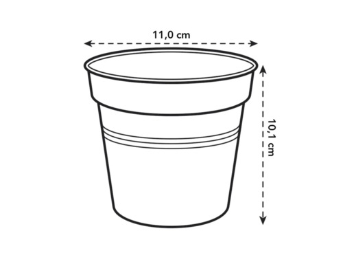 Imagine a unui ghiveci de flori cu dimensiunile de 11,0 cm diametru și 10,1 cm înălțime.