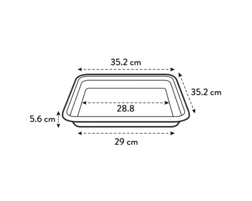 Desen tehnic al unei tăvițe de captare cu dimensiunile 35,2 cm x 35,2 cm x 5,6 cm
