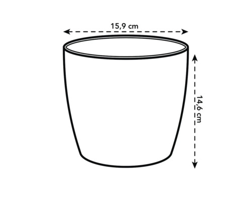 Schiță a unui ghiveci de flori cu dimensiunile de 15,9 cm lățime și 14,6 cm înălțime