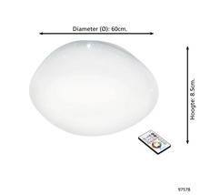 Lumină de tavan cu diametrul de 60 de centimetri și o înălțime de 8,5 centimetri, inclusiv telecomandă.