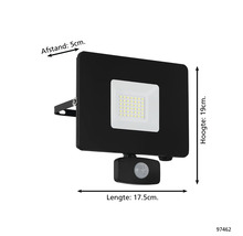 Reflector LED negru cu senzor de mișcare, aproximativ 19 cm înălțime și 17,5 cm lungime