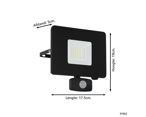 Reflector LED negru cu senzor de mișcare, aproximativ 19 cm înălțime și 17,5 cm lungime