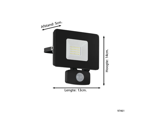 Reflector LED negru cu senzor de mișcare, 14 cm înălțime, 13 cm lungime și 5 cm distanță