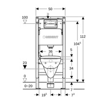 Desen tehnic al unui element de instalare Geberit pentru WC suspendat, lățime 50 centimetri și înălțime 112 centimetri.