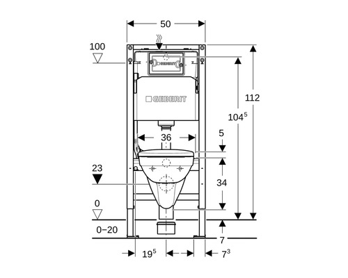 Desen tehnic al unui element de instalare Geberit pentru WC suspendat, lățime 50 centimetri și înălțime 112 centimetri.