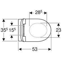 Desen tehnic pentru capac de toaletă cu dimensiuni în centimetri: lungime 53, lățime 35,5, distanță montaj 15,5, interior 28,5 pe 23.