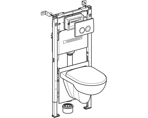 Element Geberit pentru WC suspendat, inclusiv rezervor, clapetă de acționare și vas WC.