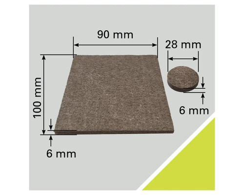 Set de glisiere din pâslă cu dimensiunile de 90 milimetri pe 100 milimetri și diametrul de 28 milimetri, grosime de 6 milimetri