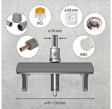 Freza de găurit cu diverse componente, cum ar fi cutie de conectare la tavan DCL, priză, supapă de ventilație VMC și conducte