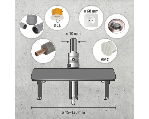 Freza de găurit cu diverse componente, cum ar fi cutie de conectare la tavan DCL, priză, supapă de ventilație VMC și conducte
