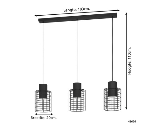 Lampa suspendată cu trei abajururi din plasă metalică, lungime 103 cm, înălțime 110 cm și lățime 20 cm