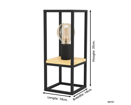 Lampă de masă decorativă cu cadru metalic negru și bec, înălțime aproximativ 35 cm.