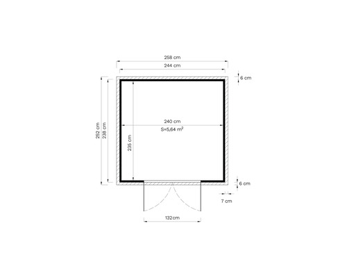 Plan cu dimensiuni: 258 cm lățime, 252 cm adâncime, suprafață interioară de 5,64 metri pătrați