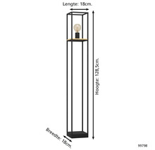 Lampă de podea îngustă cu un raft și dimensiunile de 18 cm lungime, 18 cm lățime și 128,5 cm înălțime