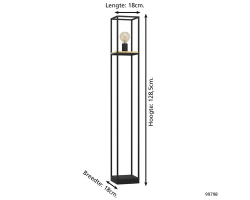 Lampă de podea îngustă cu un raft și dimensiunile de 18 cm lungime, 18 cm lățime și 128,5 cm înălțime