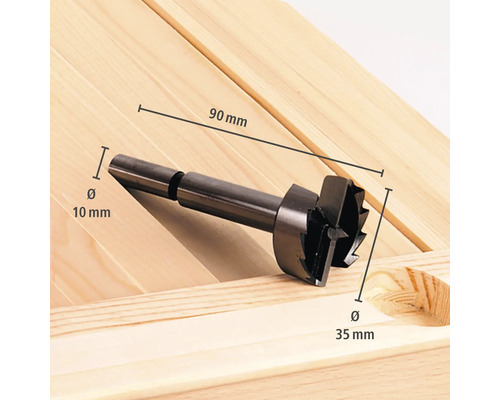 Burghiu Forstner pe lemn cu dimensiuni: diametru 35 milimetri, diametru tijă 10 milimetri, lungime totală 90 milimetri.