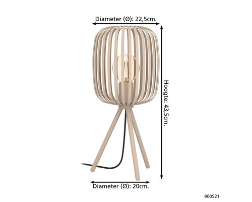 Lampă de masă cu abajur din lamele de lemn și bază tip trepied