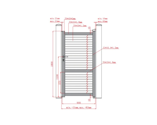 Desen tehnic al unei porți de grădină cu dimensiuni.