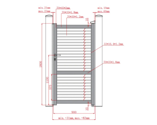 Desen tehnic al unei porți de grădină cu dimensiuni.