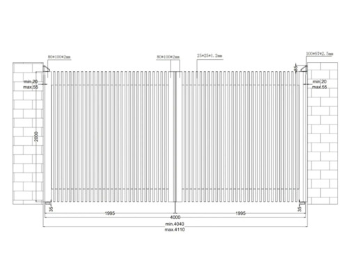 Desen tehnic al unei porți batante cu indicații de dimensiuni