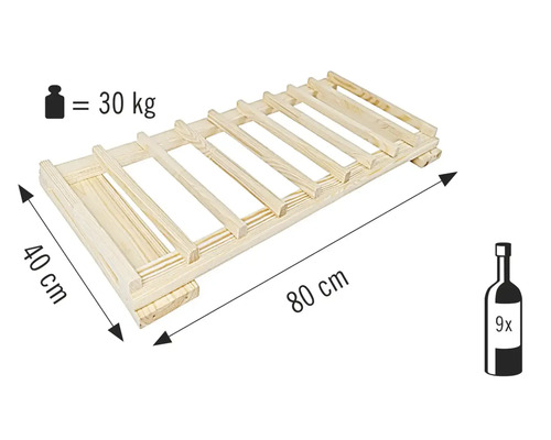 Suport de vinuri din lemn pentru nouă sticle, 80 x 40 centimetri, sarcină maximă 30 kilograme