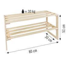 Suport de pantofi din lemn cu două rafturi, dimensiuni 80 cm x 30 cm x 51 cm, sarcină maximă 30 kg