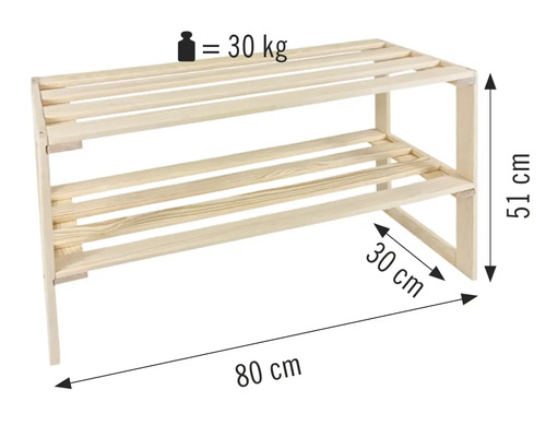 Suport de pantofi din lemn cu două rafturi, dimensiuni 80 cm x 30 cm x 51 cm, sarcină maximă 30 kg