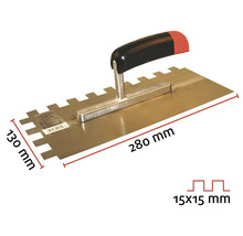 Gletieră cu dinți cu dimensiunea de 280 pe 130 milimetri și dinți de 15 pe 15 milimetri.