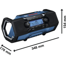 Radio de șantier Bosch cu dimensiunile de 348 mm lungime, 176 mm lățime și 154 mm înălțime.
