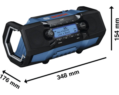 Radio de șantier Bosch cu dimensiunile de 348 mm lungime, 176 mm lățime și 154 mm înălțime.