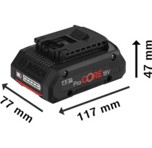 Acumulator Bosch ProCore 18V 4.0 Ah cu dimensiunile 77 mm x 117 mm x 47 mm