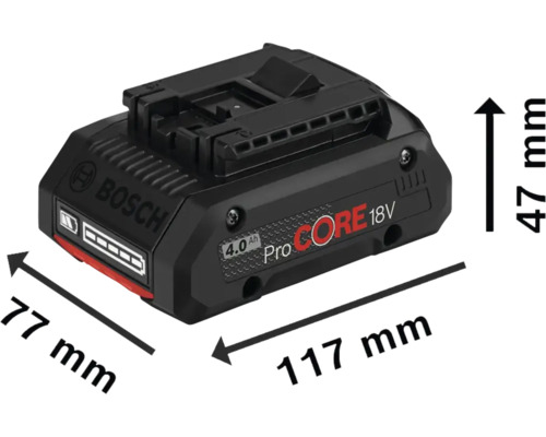 Acumulator Bosch ProCore 18V 4.0 Ah cu dimensiunile 77 mm x 117 mm x 47 mm