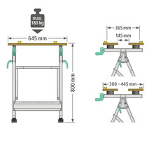 Dimensiunile și sarcina maximă a bancului de lucru afișat.