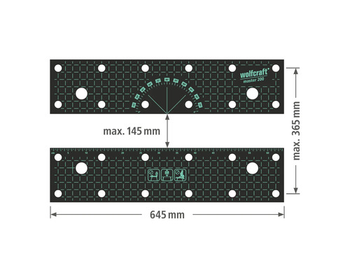 Blat de banc de lucru Wolfcraft Master 200 cu dimensiunile maxime de 365 pe 645 milimetri și o anvergură maximă de 145 milimetri