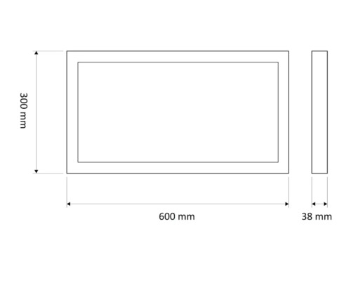 Desen tehnic al unui cadru cu dimensiunile de 600 mm pe 300 mm și o grosime de 38 mm.